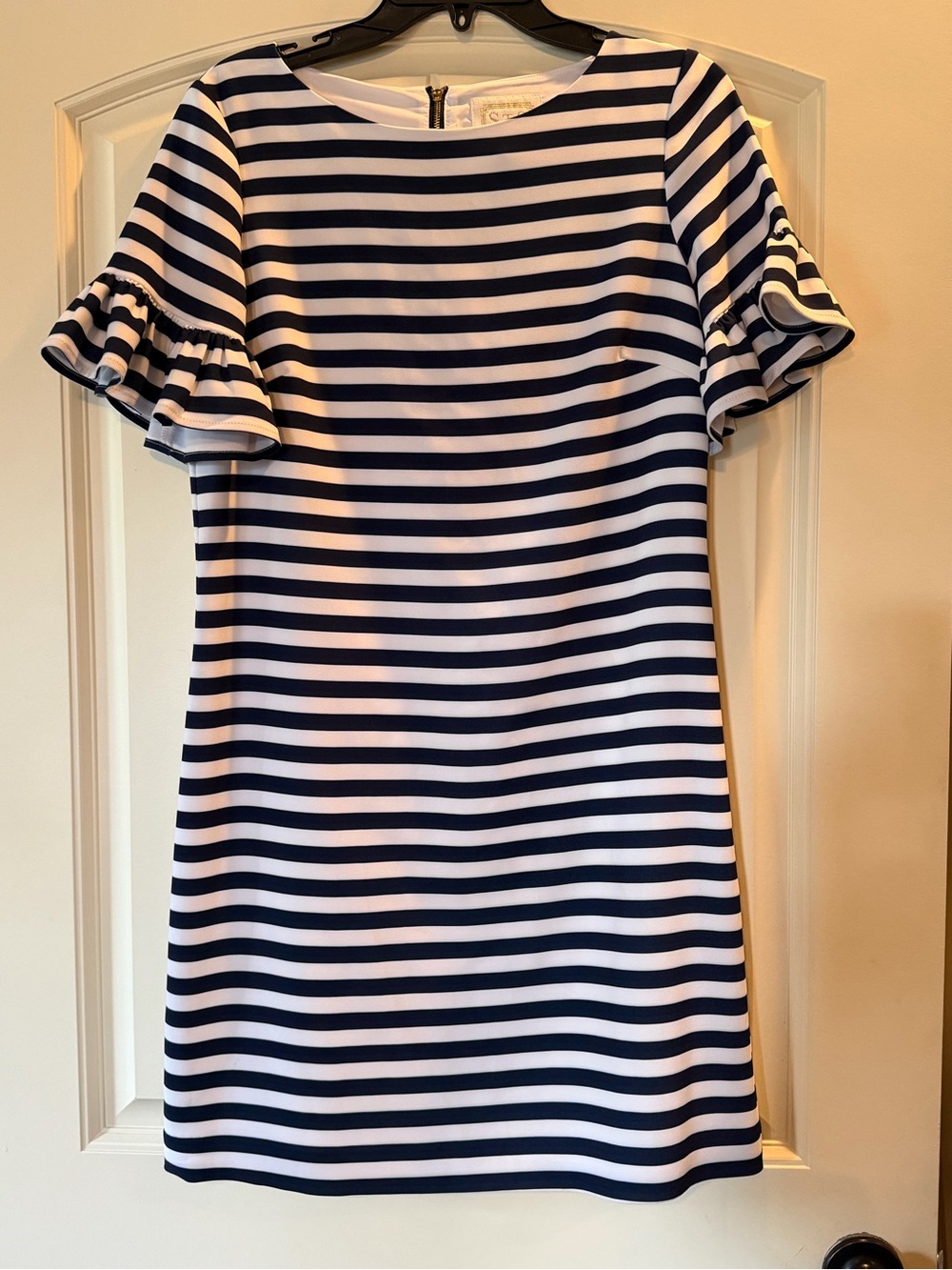 Sail to Sable Navy and White Striped Ruffle Sleeve Mini Dress - Size 6